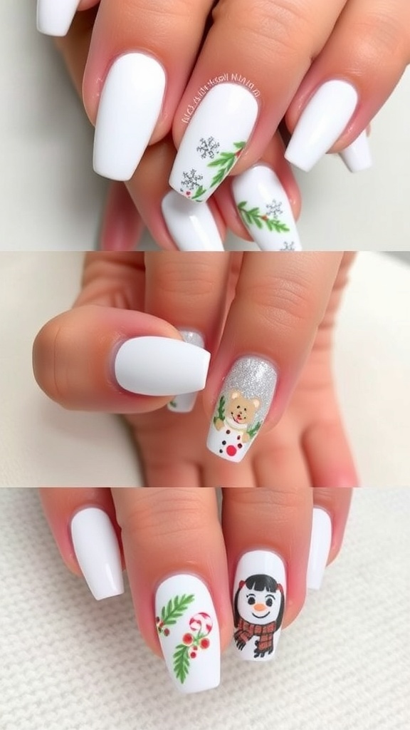 Elegant short white nails with Christmas designs including snowflakes, glitter, and festive accents.